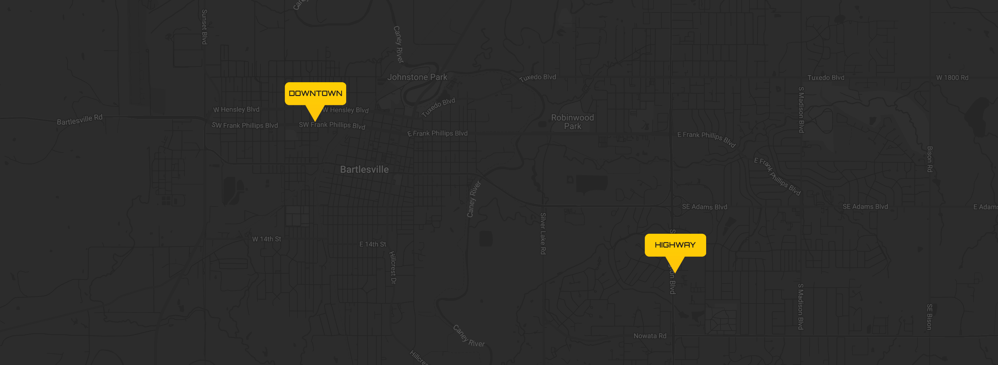 map with markers for the downtown and highway locations
